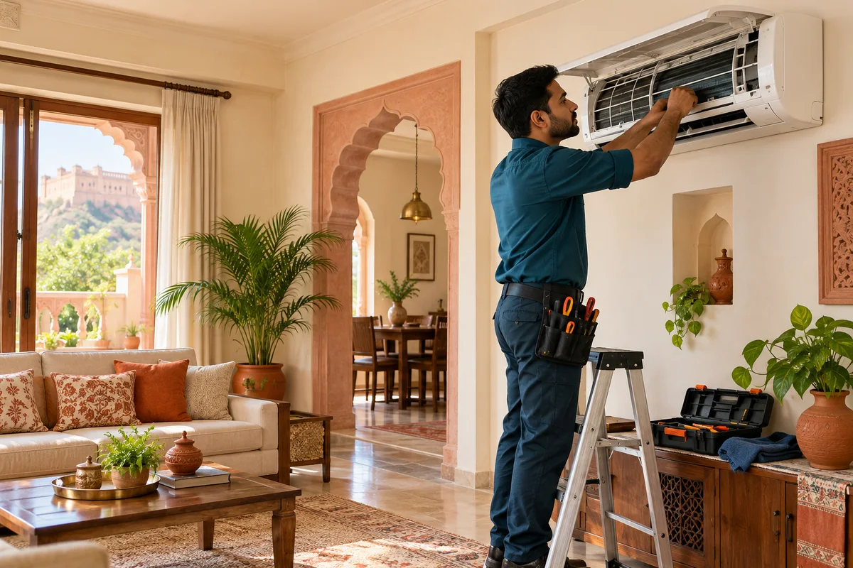 Illustrative AC technician inspecting a split AC in a Jaipur-inspired home
